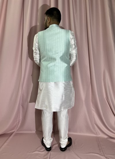 Silk Kurta Payjama With Jacket in Turquoise and White