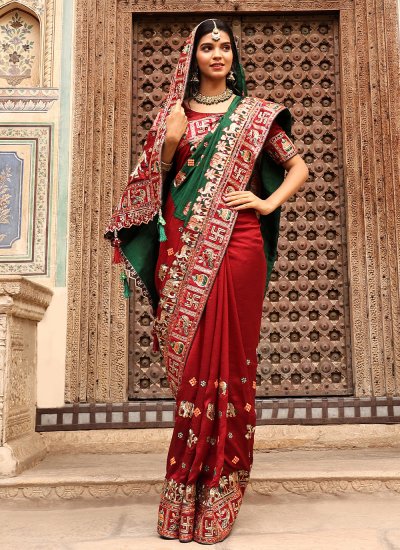 Silk Lace Green and Red Classic Saree