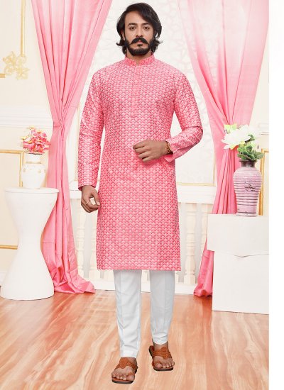 Silk Lucknowi work Kurta Pyjama in Pink