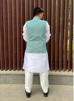 Silk Lucknowi work Nehru Jackets in Green