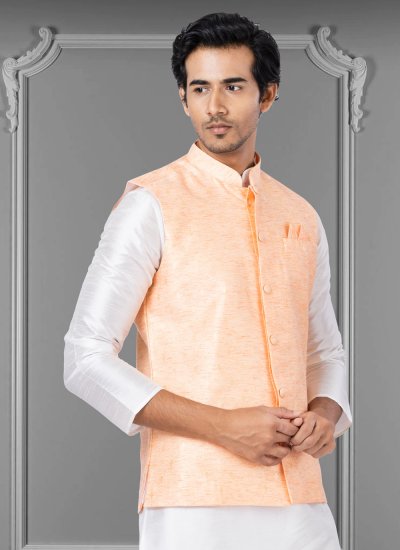 Silk Nehru Jackets in Peach