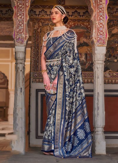 Silk Patola Print Blue Traditional Saree