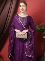 Silk Purple Embroidered Straight Salwar Kameez
