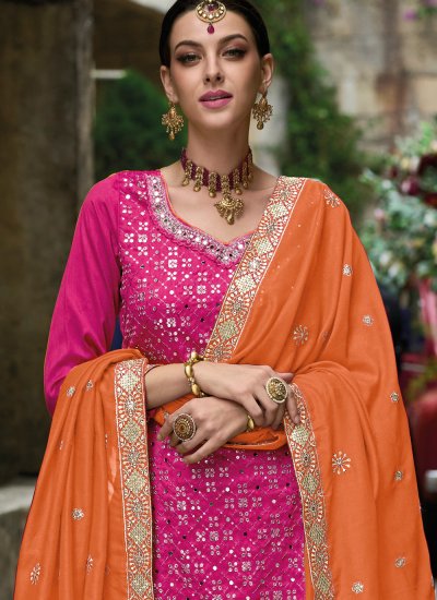 Silk Resham Pink Readymade Salwar Kameez
