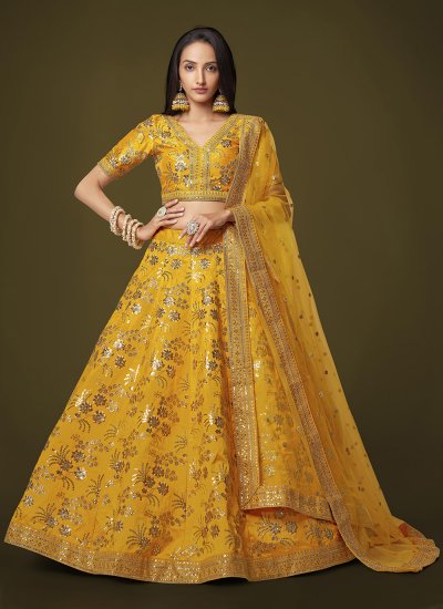 Silk Sequins Trendy Lehenga Choli in Yellow