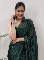 Silk Stripe Print Classic Saree in Black and Green