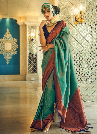 Silk Teal Weaving Trendy Saree
