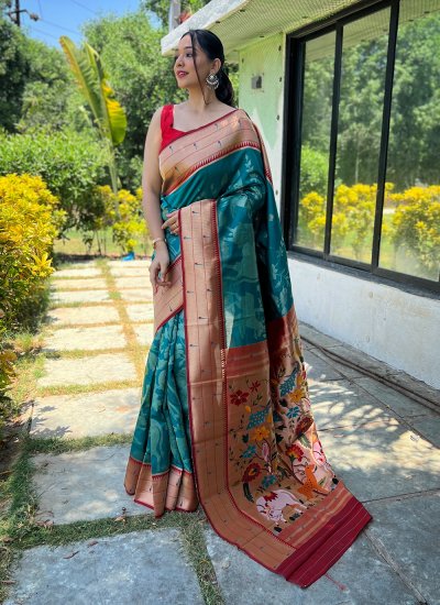 Silk Teal Woven Designer Contemporary Saree