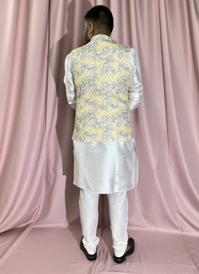 Silk Thread Work Kurta Payjama With Jacket in Grey, White and Yellow