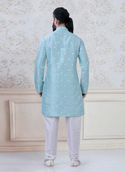
                            Silk Thread Work Kurta Pyjama in Aqua Blue