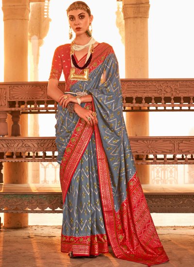 Silk Trendy Saree in Grey and Red