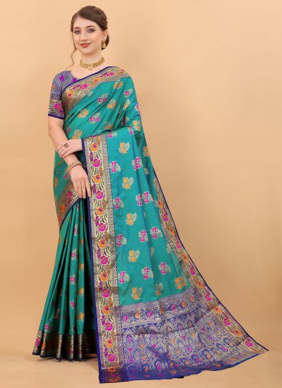 Silk Turquoise Meenakari Traditional Saree