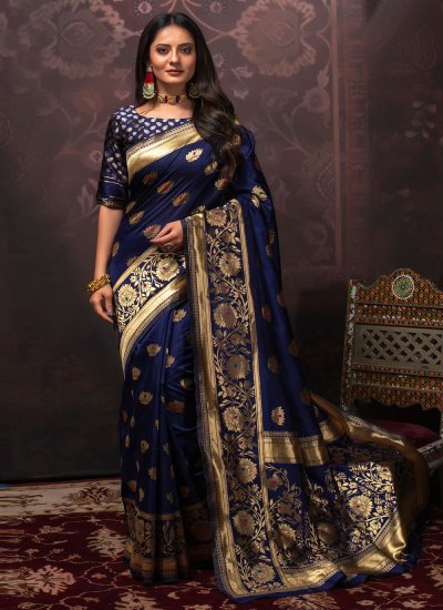 Silk Weaving Navy Blue Trendy Saree