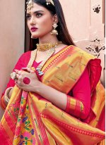 Silk Weaving Pink and Yellow Designer Traditional Saree