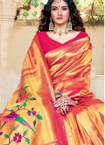 Silk Weaving Pink and Yellow Traditional Designer Saree