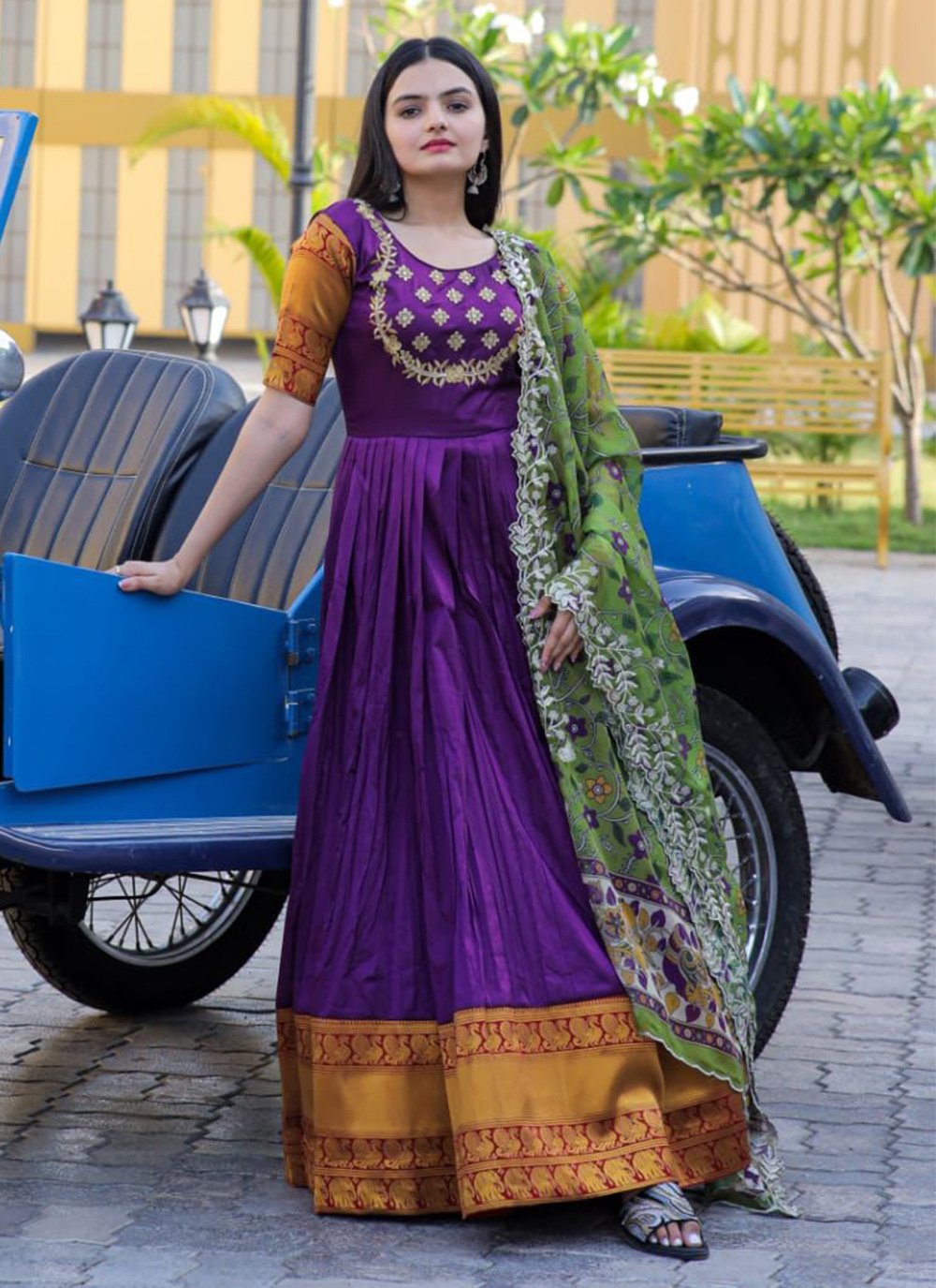 fitted lace wedding dress Purple Saree Gown With Belt