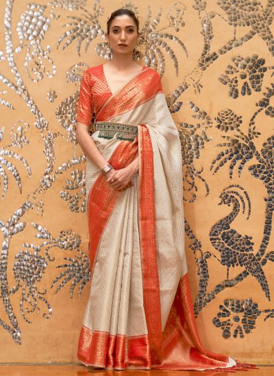 Silk Weaving Traditional Designer Saree in Off White