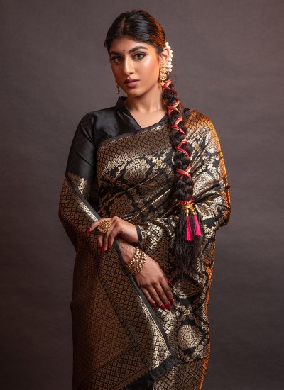 Silk Woven Casual Saree in Black