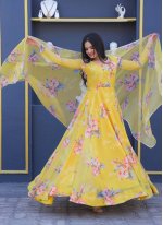 Silk Yellow Floral Print Trendy Gown