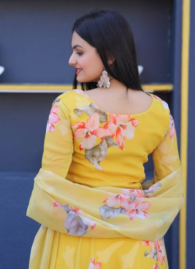 Silk Yellow Floral Print Trendy Gown