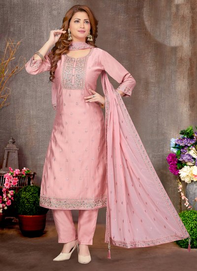 Simplistic Embroidered Chanderi Pink Pant Style Suit