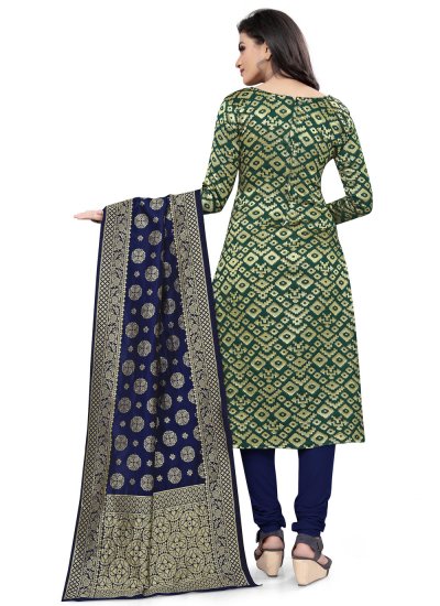 Snazzy Banarasi Silk Weaving Green Churidar Suit
