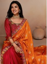 Snazzy Silk Orange and Red Designer Half N Half Saree
