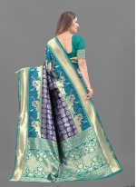Snazzy Silk Weaving Green and Navy Blue Designer Traditional Saree