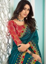 Snazzy Teal Embroidered Bollywood Saree