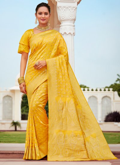Snazzy Weaving Yellow Banarasi Silk Designer Traditional Saree
