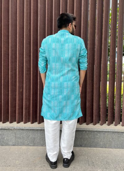 Soft Cotton Embroidered Kurta Pyjama in Blue