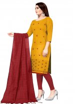 Sonorous Cotton Mustard Embroidered Churidar Suit