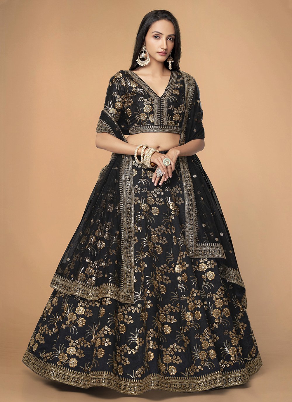 Designer Lehenga Choli Black Colour In Imported Fabric.