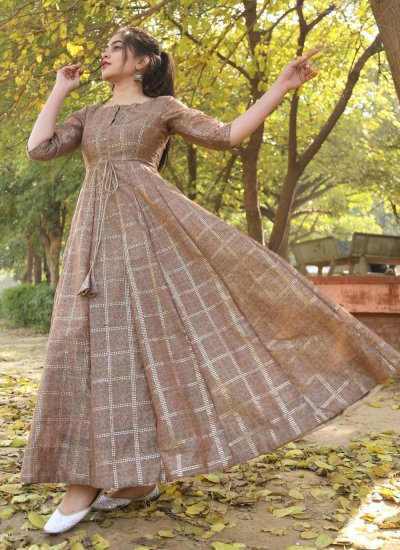 Sophisticated Foil Print Brown Trendy Gown