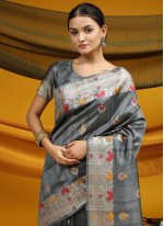 Sophisticated Meena Tussar Silk Grey Classic Saree