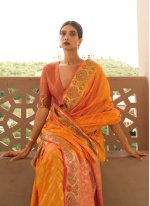 Sophisticated Orange Handloom silk Traditional Saree