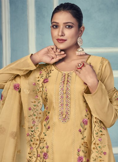 Sophisticated Yellow Organza Straight Salwar Suit