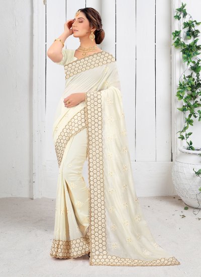 White Heavy Resham Embroidred With Stone Work pure satin Saree with blouse  - Callan Sports - 3564127