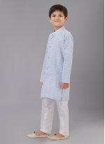 Sparkling Aqua Blue Cotton Silk Embroidered Kurta Pyjama
