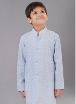 Sparkling Aqua Blue Cotton Silk Embroidered Kurta Pyjama
