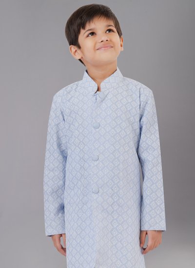 
                            Sparkling Aqua Blue Cotton Silk Embroidered Kurta Pyjama