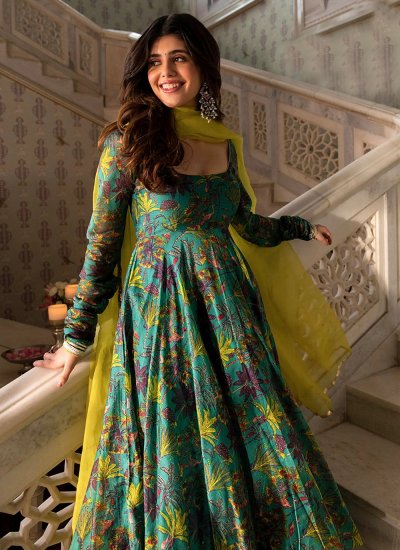Sparkling Green Digital Print Chanderi Silk Readymade Anarkali Salwar Suit