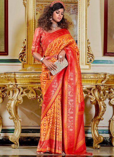 Specialised Banarasi Silk Orange Weaving Trendy Saree