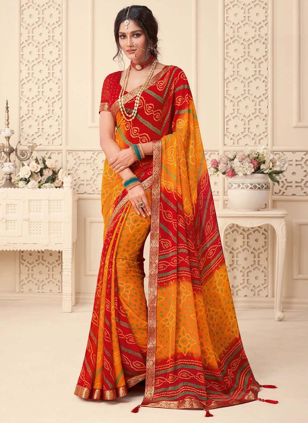 Women's Traditional Chiffon Bandhani Saree with beautiful matching lace  border and Designer Embroidery Blouse Piece – Stylewell