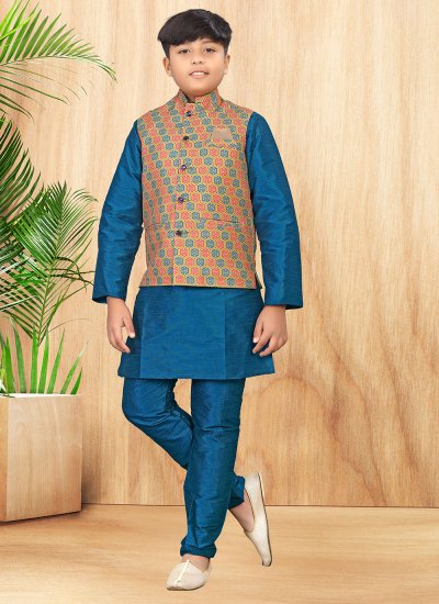 Specialised Digital Print Work Multi Colour and Teal Silk Kurta Payjama With Jacket