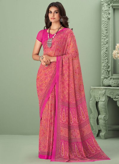 Specialised Georgette Printed Hot Pink Contemporary Style Saree