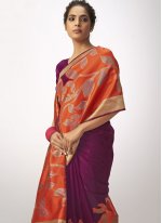 Specialised Orange and Purple Thread Work Trendy Saree