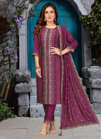 Specialised Resham Chinon Purple Readymade Salwar Suit