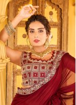 Spectacular Embroidered Maroon Contemporary Saree