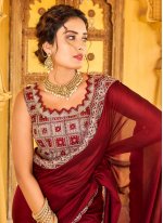 Spectacular Embroidered Maroon Contemporary Saree